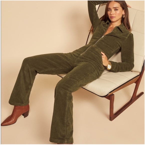 REFORMATION AARON GREEN CORDUROY COLLARED LONG SLEEVE ZIP UP JUMPSUIT - Picture 16 of 16
